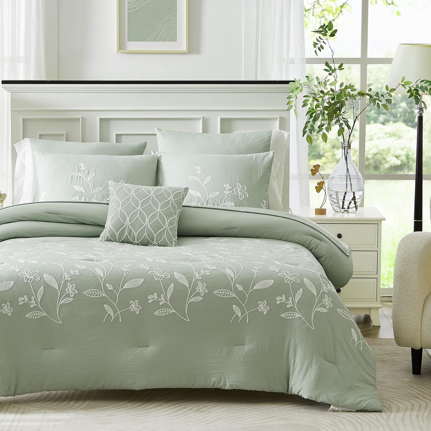 Olive Green Embroidery Comforters Set Queen Size