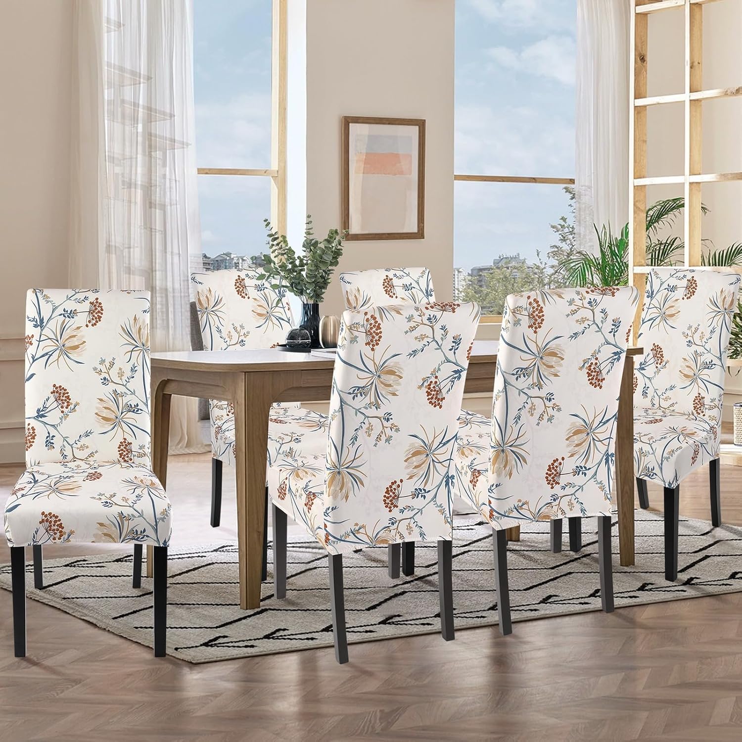 SearchI Chair Covers Slipcovers Set of 4, Spandex Super Fit Stretch Removable Washable Kitchen Parsons Protector for Dining Room,Hotel,Ceremony,Beige+Flowers