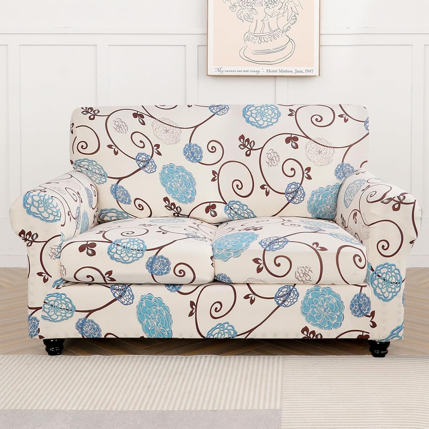 SearchI Stretch Sofa Cover Printed Couch Covers, Floral Pattern 2 Piece Armchair Slipcover with Separate Chair Cushion Cover, Washable Furniture Protector for Living Room(Armchair, Ball Flower)