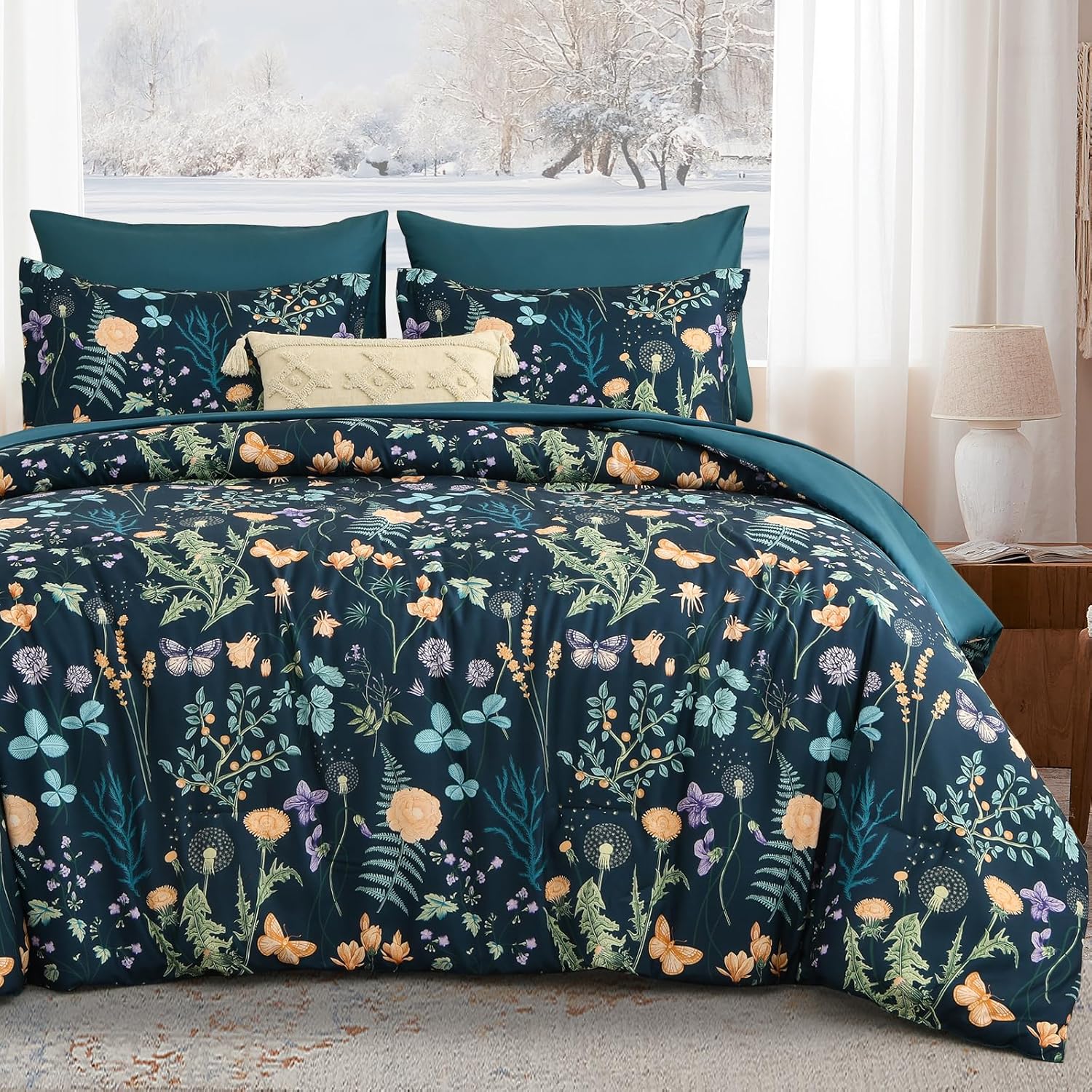 7 Piece Peacock Blue Floral Comforter Set King Size