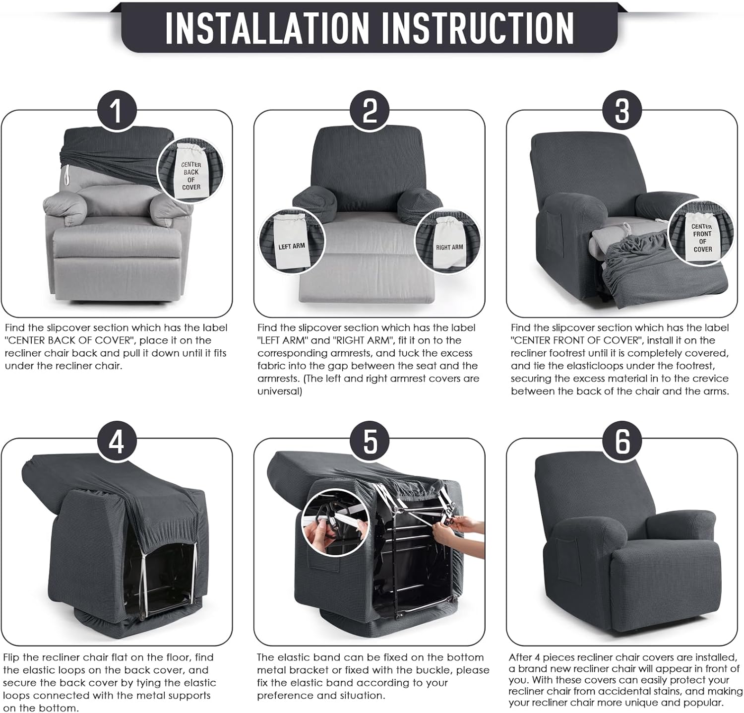 TAOCOCO Recliner Cover 4-Pieces, Recliner Stretch Sofa Slipcover, Recliner Cover 1 Seat, Couch Protector Soft, Furniture Protector Covers with Elastic,Chair Covers Jacquard Pattern (Grey)