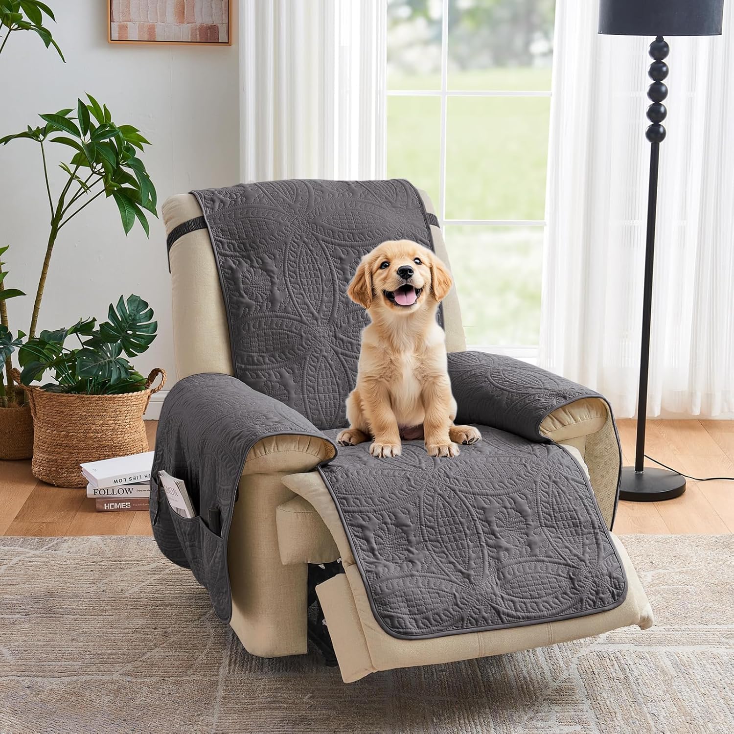 Beige Quilted Recliner Covers, Water-Repellent Recliner Slipcovers, Lazy Boy Chair Covers, Pet Friendly Recliner Cover for Dogs Cats, Washable Furniture Protector (Recliner 22", Beige Cream)