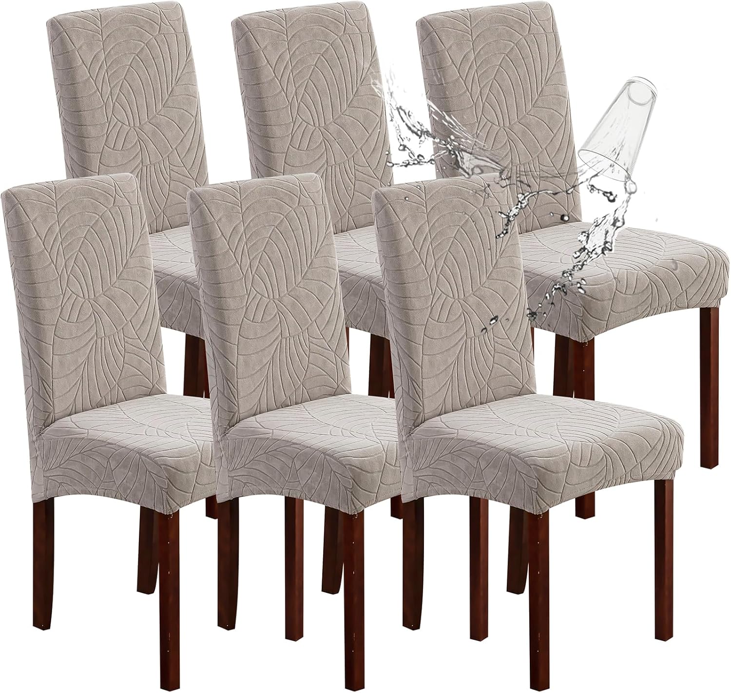 Genina 100% Waterproof Chair Covers for Dining Room Set of 4, Stretch Parson Chair Slipcovers for Kitchen Chairs, Washable Chair Protectors, Leaves-Warm Gray