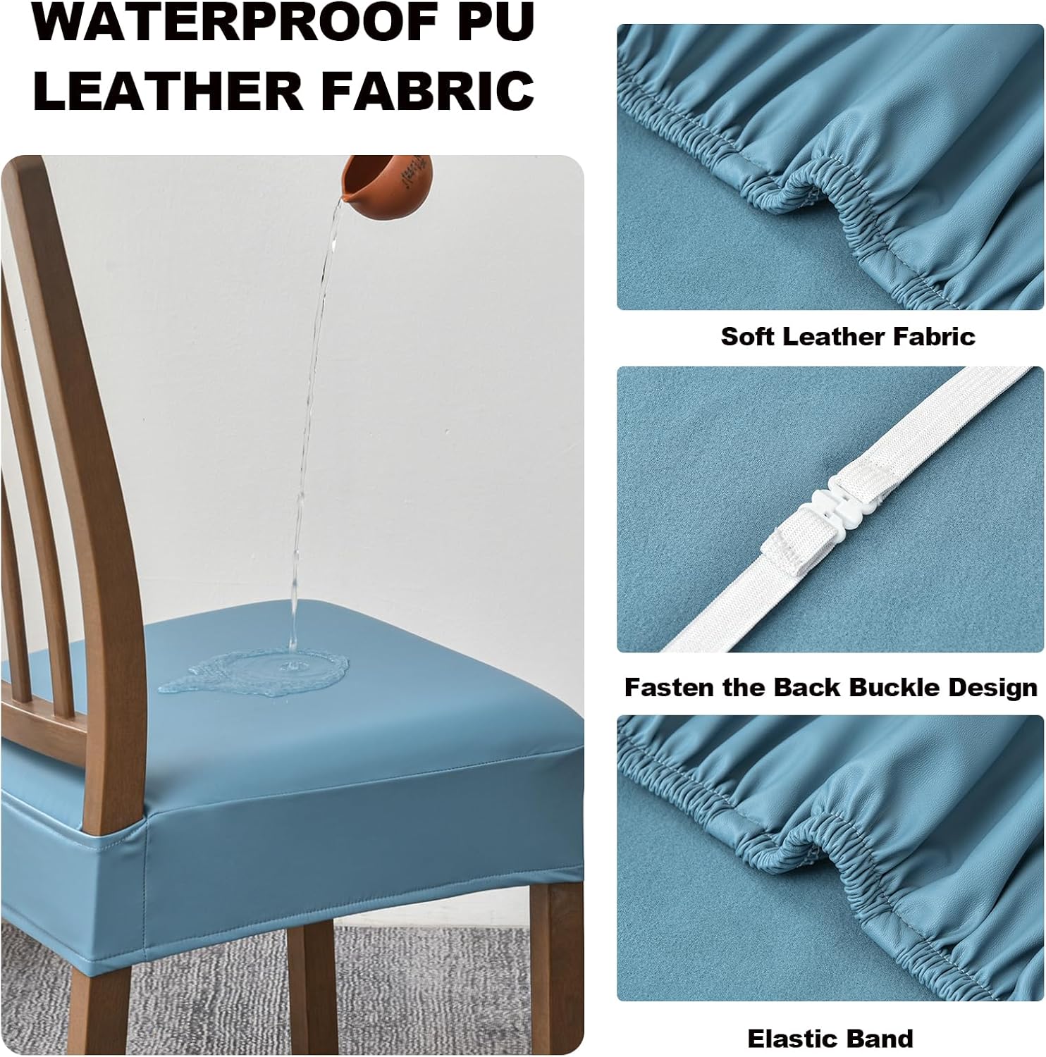 FUANGUI Dining Chair Covers Set of 4, Waterproof PU Leather Stretch Chair Seat Slipcovers Soft Removable Washable Chair Covers, Kitchen Chair Seat Covers Protectors Dining Room, PU-Black