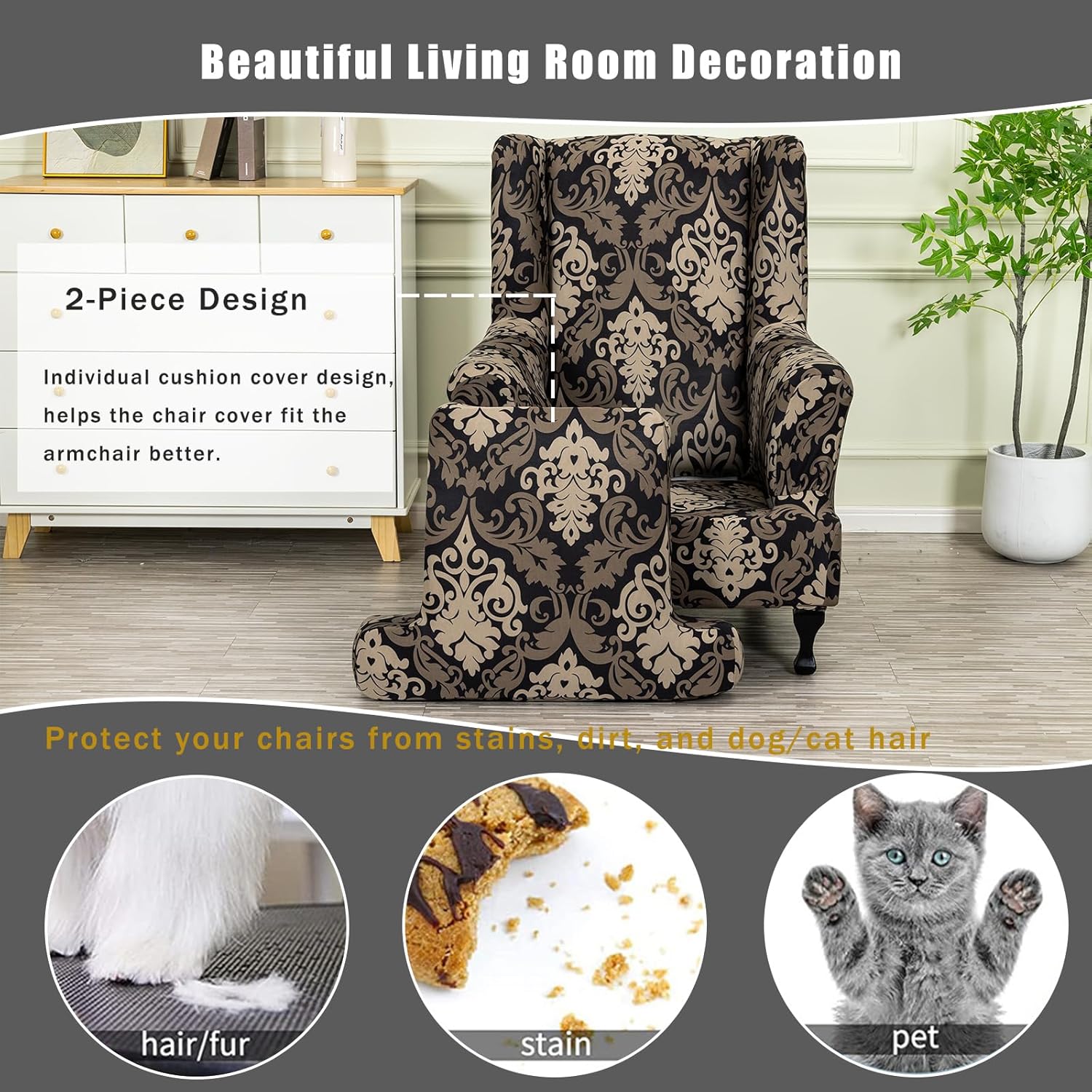 Wing Chair Slipcovers 2 Pieces Stretch Spandex Wingback Chair Covers Sofa Slipcover Printing Wingback Armchair Slipcovers Furniture Protector Couch Soft with Elastic Bottom for Wingback Chairs,12