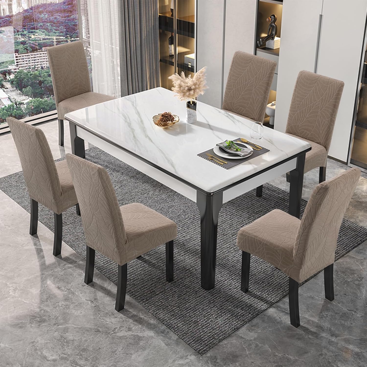 Genina 100% Waterproof Chair Covers for Dining Room Set of 4, Stretch Parson Chair Slipcovers for Kitchen Chairs, Washable Chair Protectors, Leaves-Warm Gray