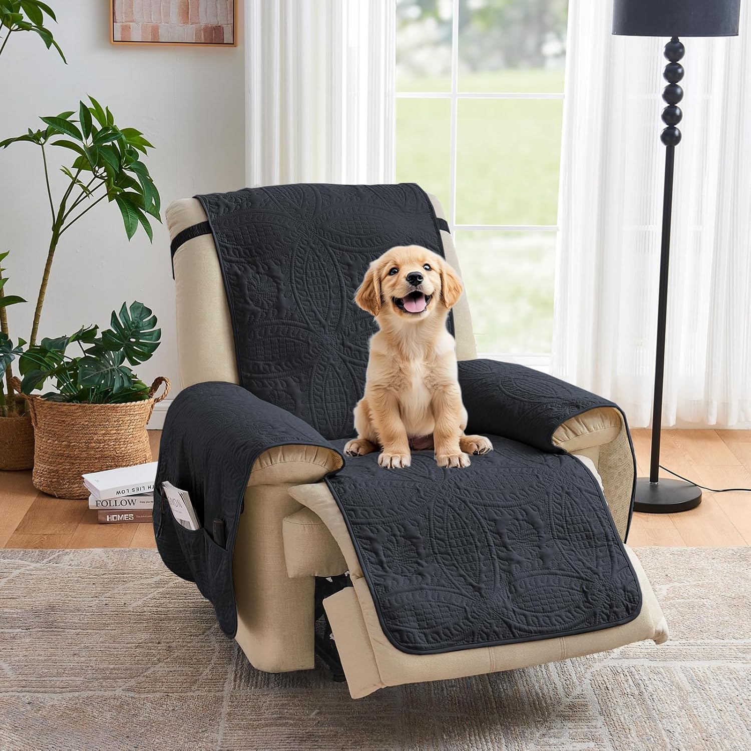 Beige Quilted Recliner Covers, Water-Repellent Recliner Slipcovers, Lazy Boy Chair Covers, Pet Friendly Recliner Cover for Dogs Cats, Washable Furniture Protector (Recliner 22", Beige Cream)