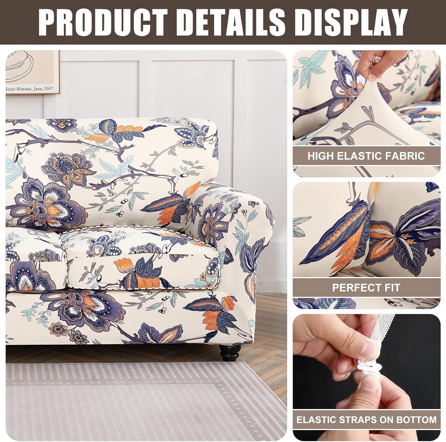 SearchI Stretch Sofa Cover Printed Couch Covers, Floral Pattern 2 Piece Armchair Slipcover with Separate Chair Cushion Cover, Washable Furniture Protector for Living Room(Armchair, Ball Flower)