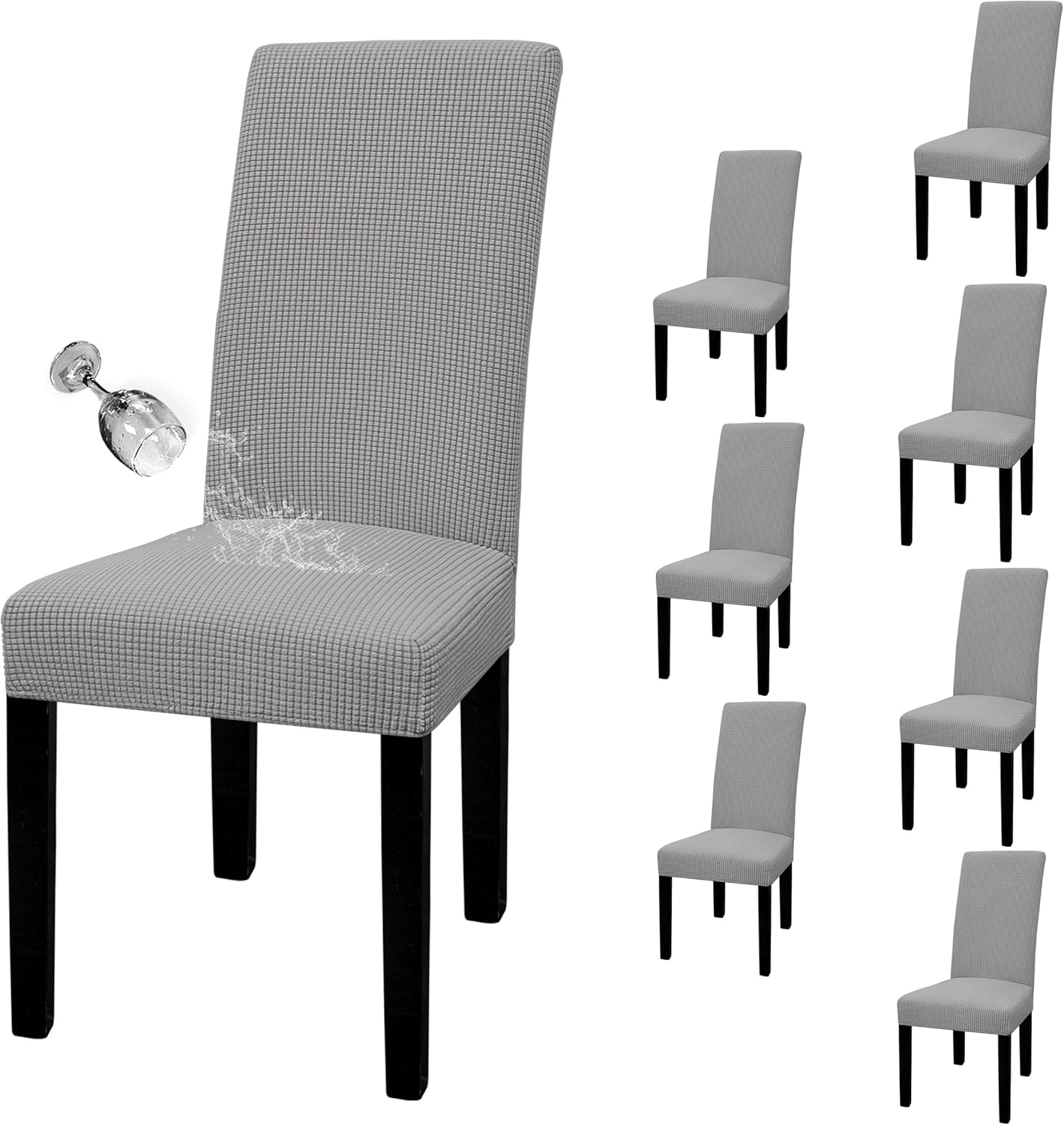 Easy-Going 100% Waterproof Dining Room Chair Cover Set of 6, Stretch Jacquard Parson Chair Slipcover Removable Washable Chair Protector for Home, Restaurant, Banquet (Large, Light Gray)