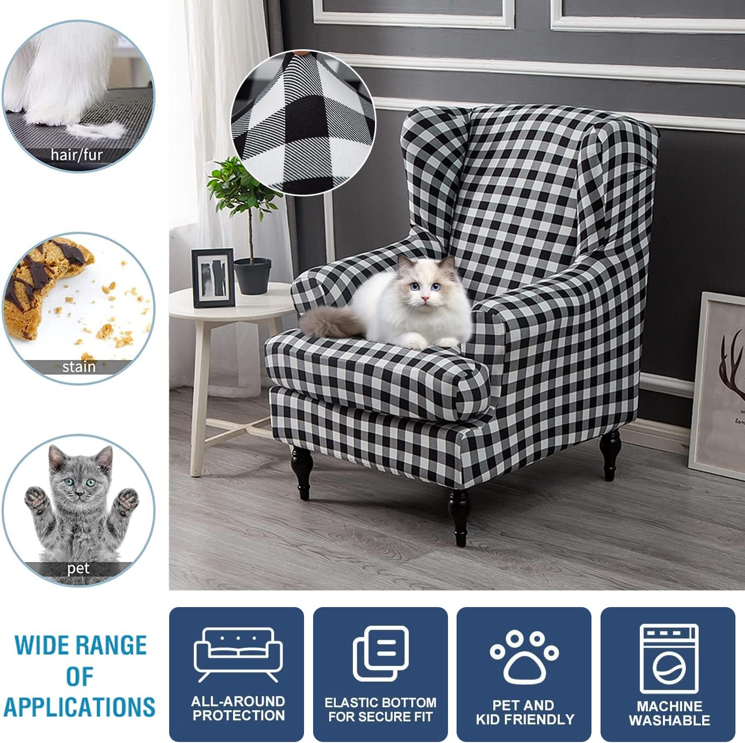 Wing Chair Slipcovers 2 Pieces Stretch Spandex Wingback Chair Covers Sofa Slipcover Printing Wingback Armchair Slipcovers Furniture Protector Couch Soft with Elastic Bottom for Wingback Chairs,12