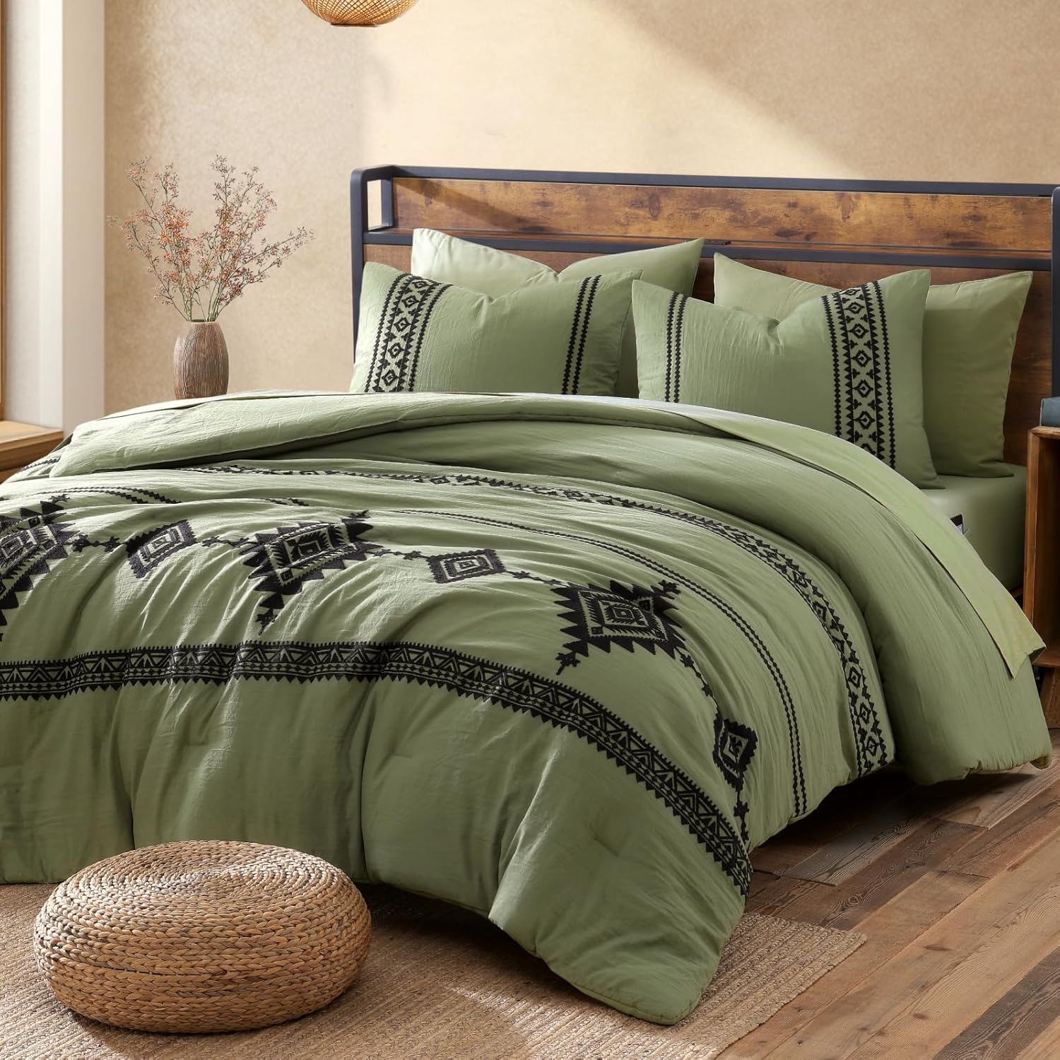 Olive Green Embroidery Comforters Set Queen Size
