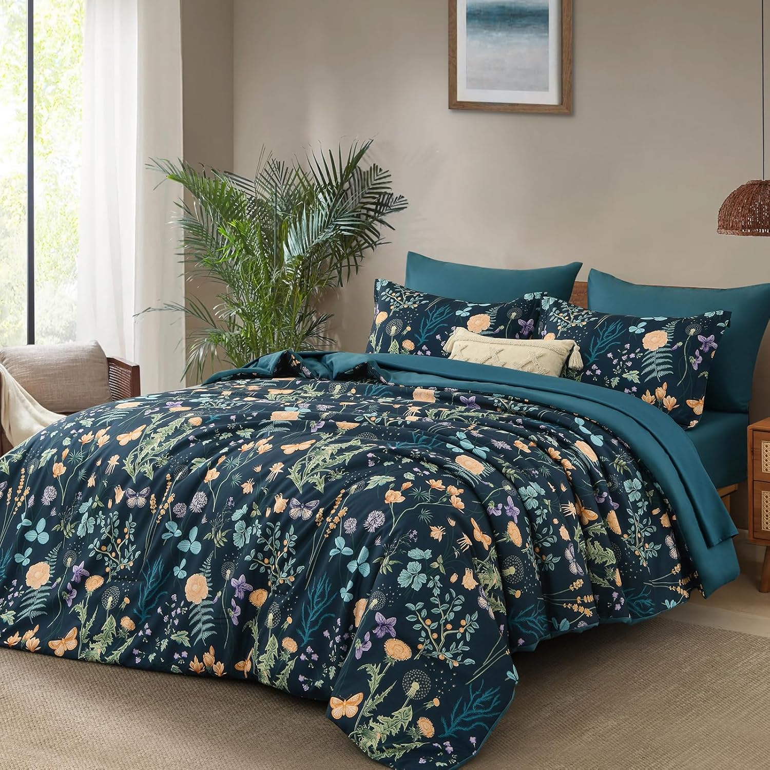 7 Piece Peacock Blue Floral Comforter Set King Size