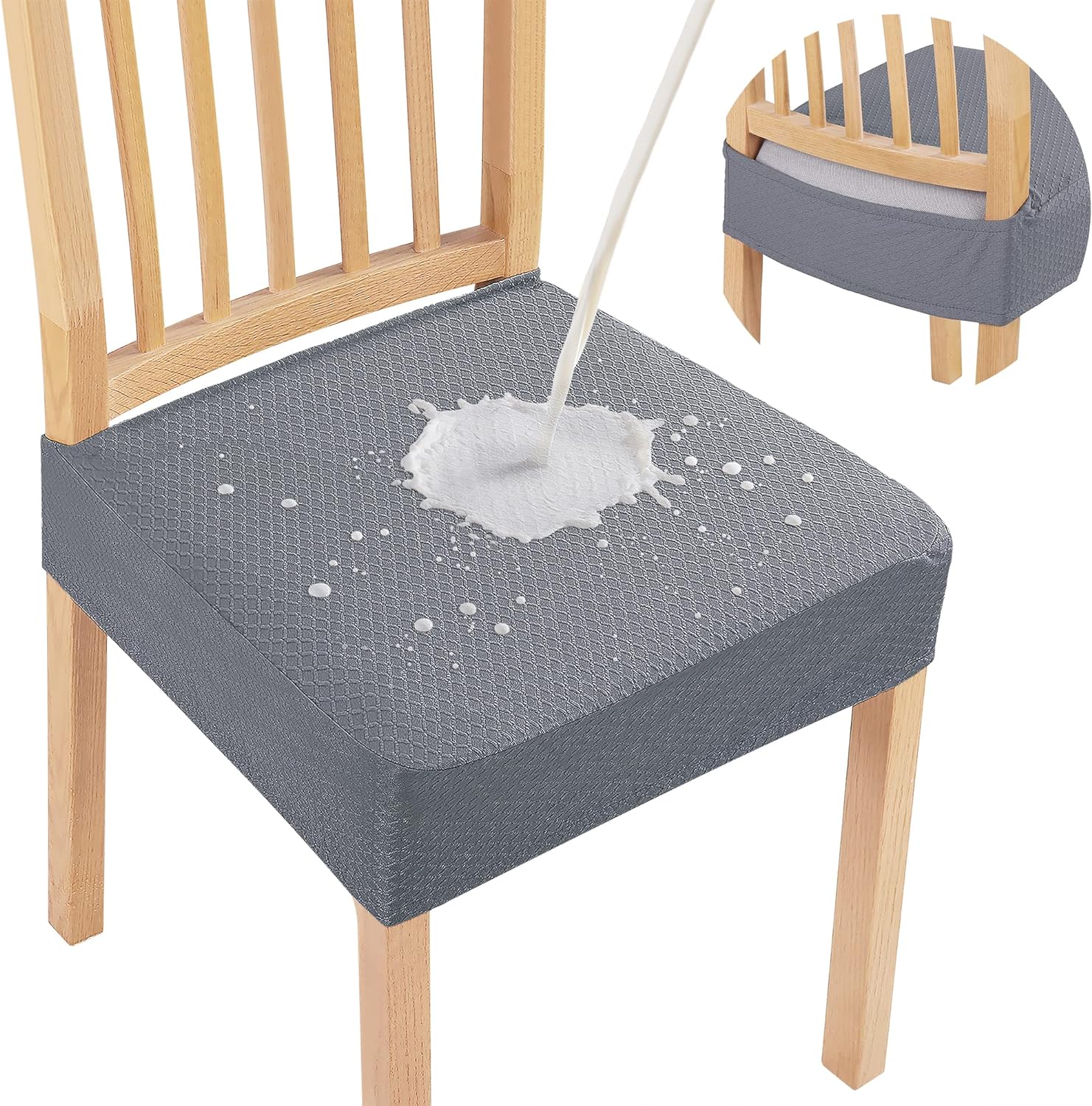 Smiry Waterproof Seat Covers for Dining Room Chairs Set of 4, Stretch Jacquard Removable Washable Chair Seat Slipcovers Protector, No Rear Covers, Beige