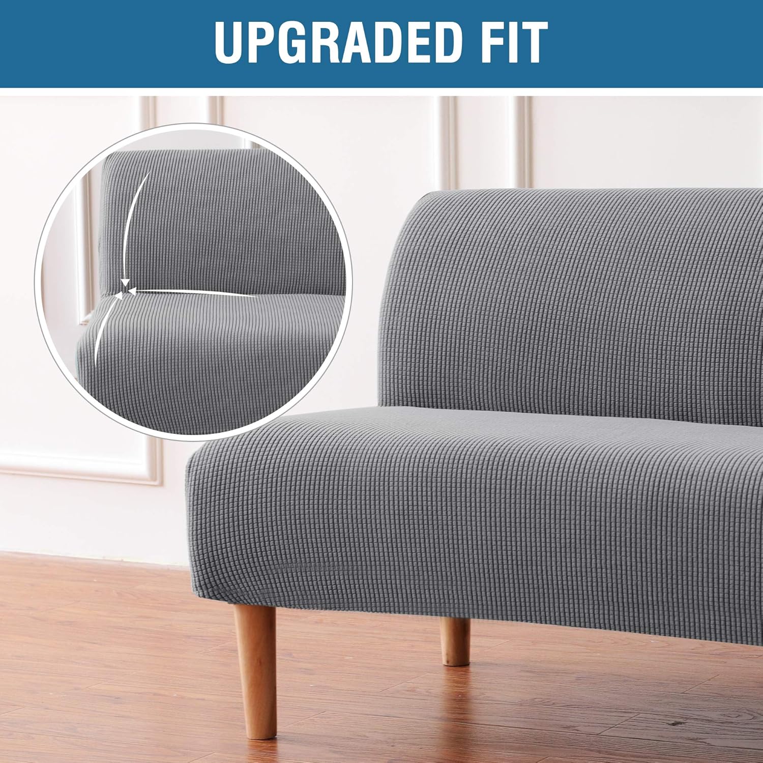 H.VERSAILTEX Armless Futon Cover Stretch Sofa Bed Slipcover Protector Elastic Feature Rich Textured High Spandex Small Checks Jacquard Fabric Futon Cover, Machine Washable, Gray