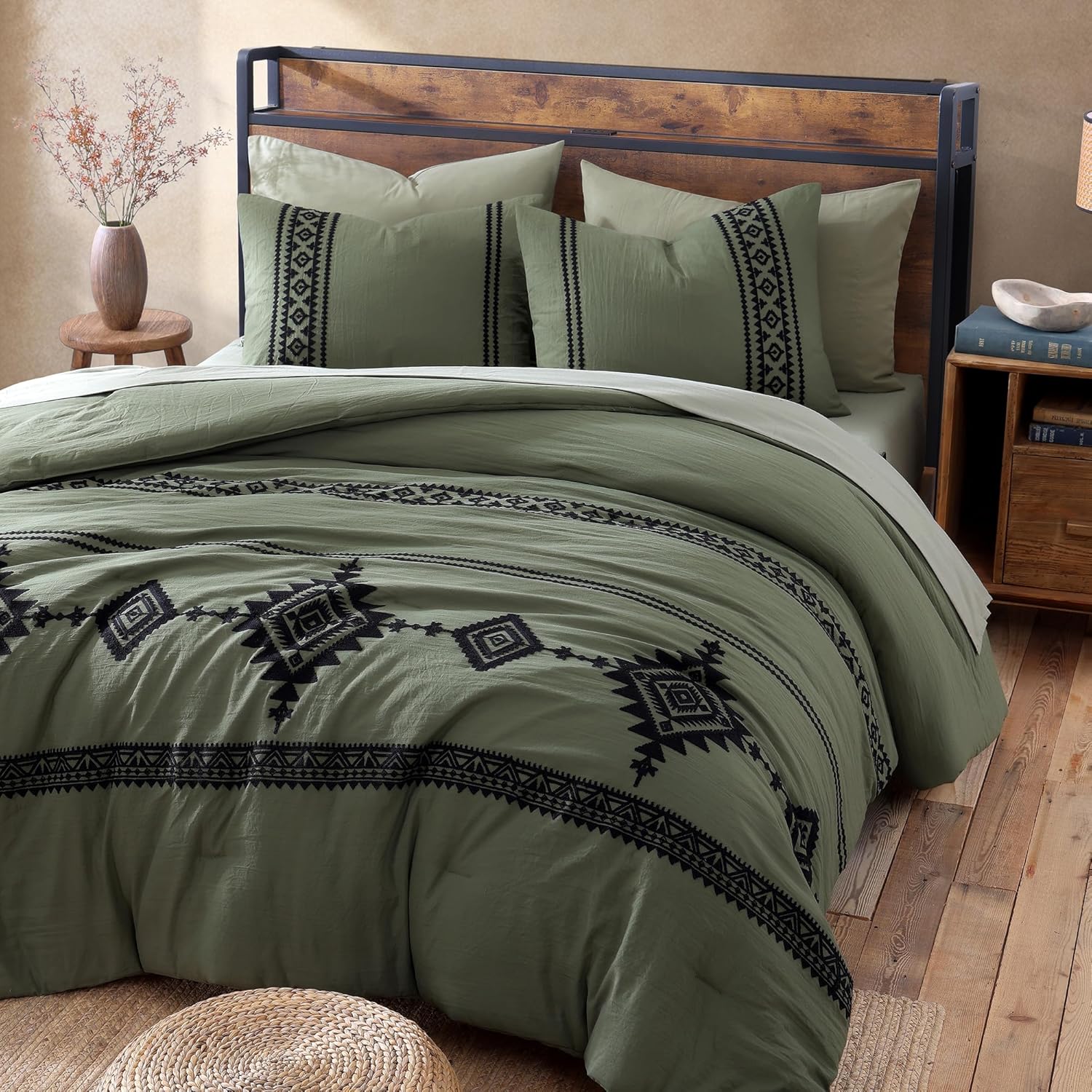 Olive Green Embroidery Comforters Set Queen Size