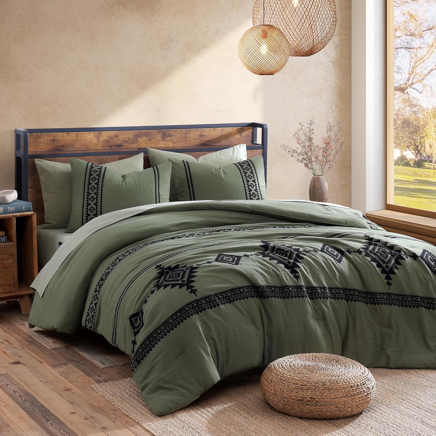 Olive Green Embroidery Comforters Set Queen Size