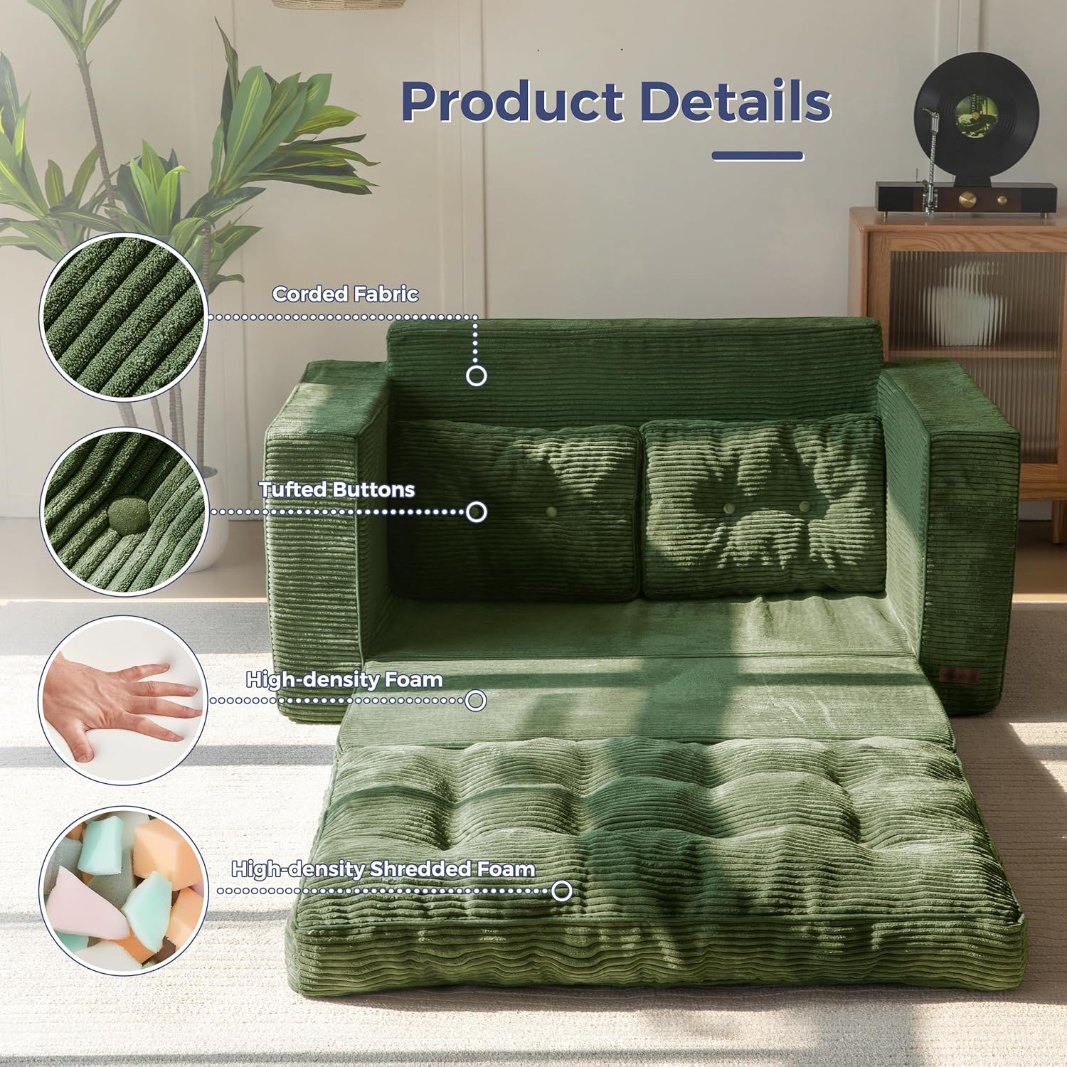 MAXYOYO Convertible Sofa Bed, Pull Out Loveseat Sleeper Sofa, 2 in 1 Folding Couch Bed, Fold Out Floor Couch with Pillows for Living Room Bedroom Lounge, Dark Grey