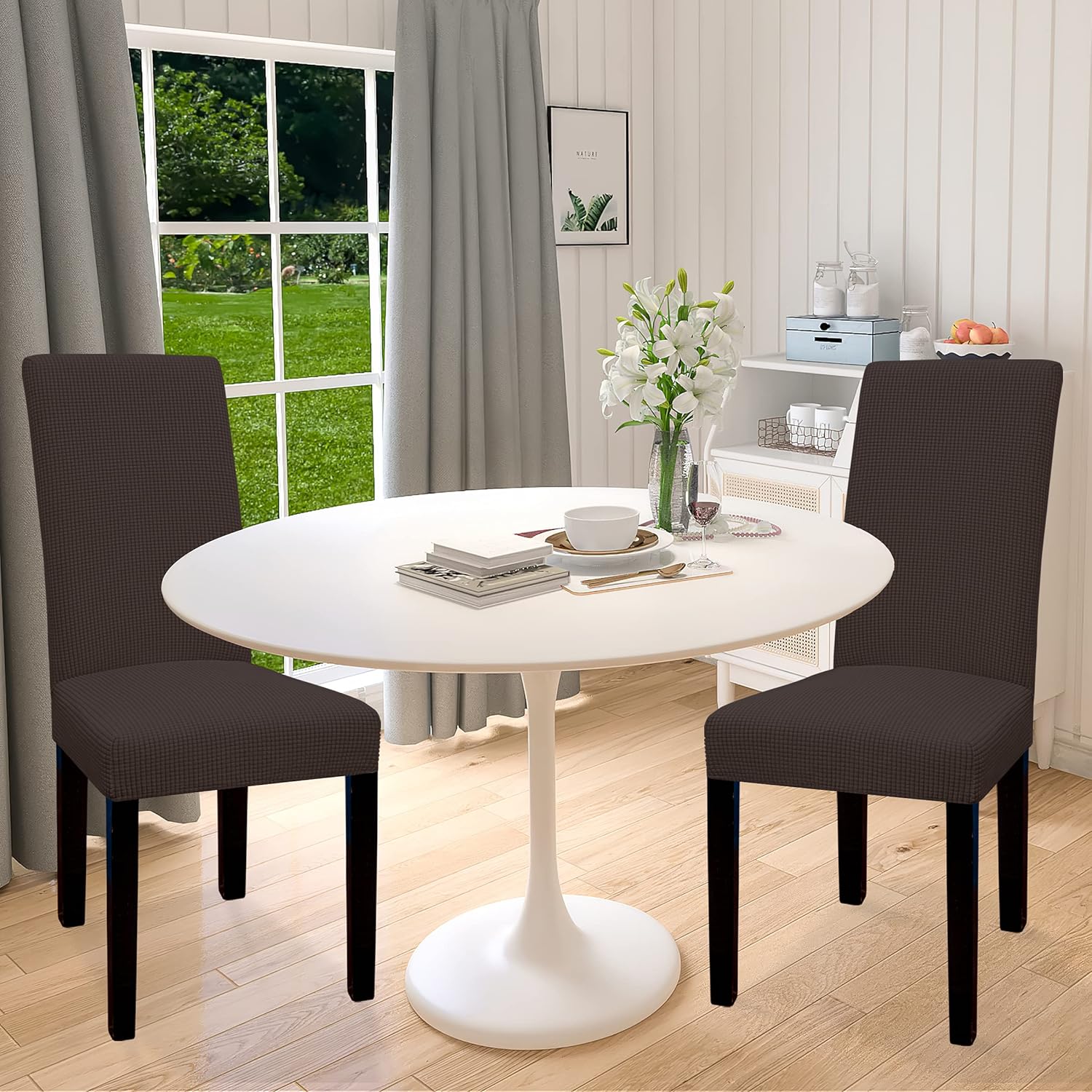 Easy-Going 100% Waterproof Dining Room Chair Cover Set of 6, Stretch Jacquard Parson Chair Slipcover Removable Washable Chair Protector for Home, Restaurant, Banquet (Large, Light Gray)