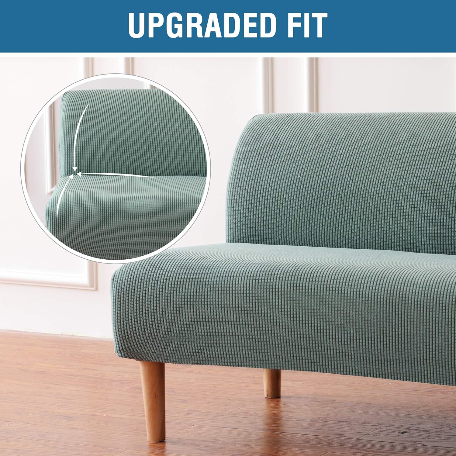 H.VERSAILTEX Armless Futon Cover Stretch Sofa Bed Slipcover Protector Elastic Feature Rich Textured High Spandex Small Checks Jacquard Fabric Futon Cover, Machine Washable, Sage