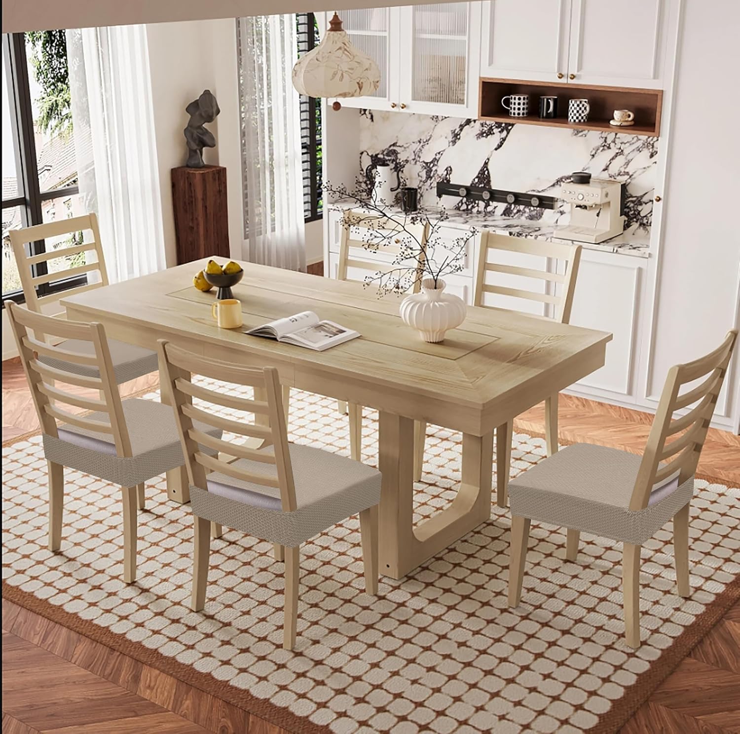 Smiry Waterproof Seat Covers for Dining Room Chairs Set of 4, Stretch Jacquard Removable Washable Chair Seat Slipcovers Protector, No Rear Covers, Beige