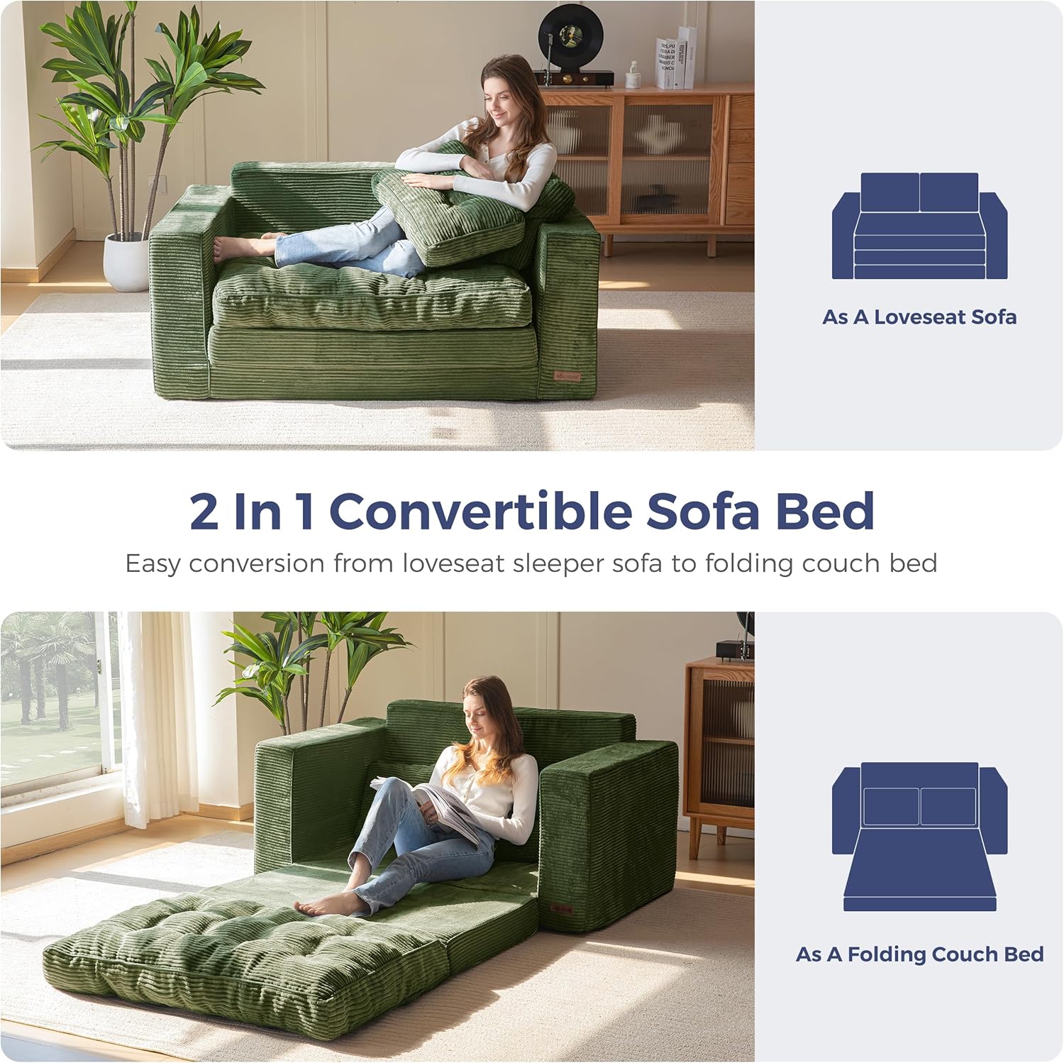 MAXYOYO Convertible Sofa Bed, Pull Out Loveseat Sleeper Sofa, 2 in 1 Folding Couch Bed, Fold Out Floor Couch with Pillows for Living Room Bedroom Lounge, Dark Grey