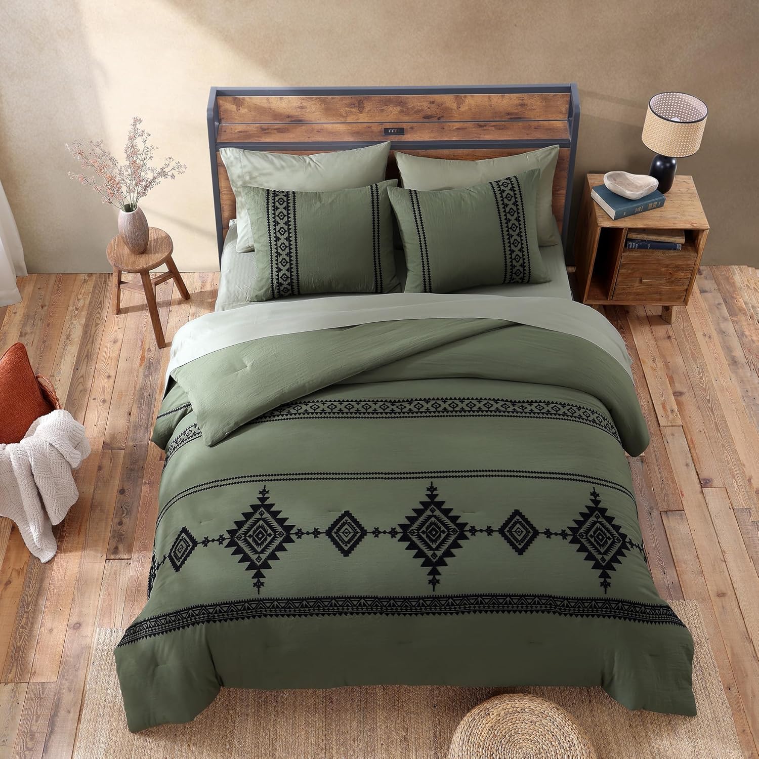 Olive Green Embroidery Comforters Set Queen Size