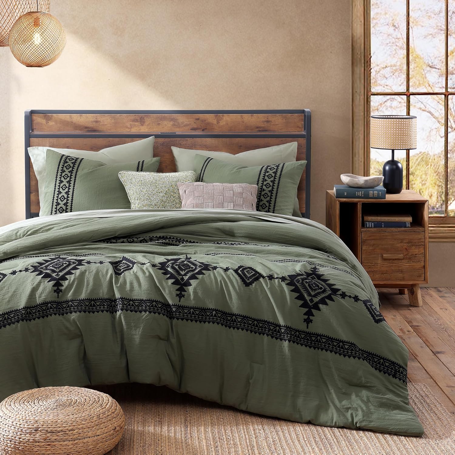 Olive Green Embroidery Comforters Set Queen Size