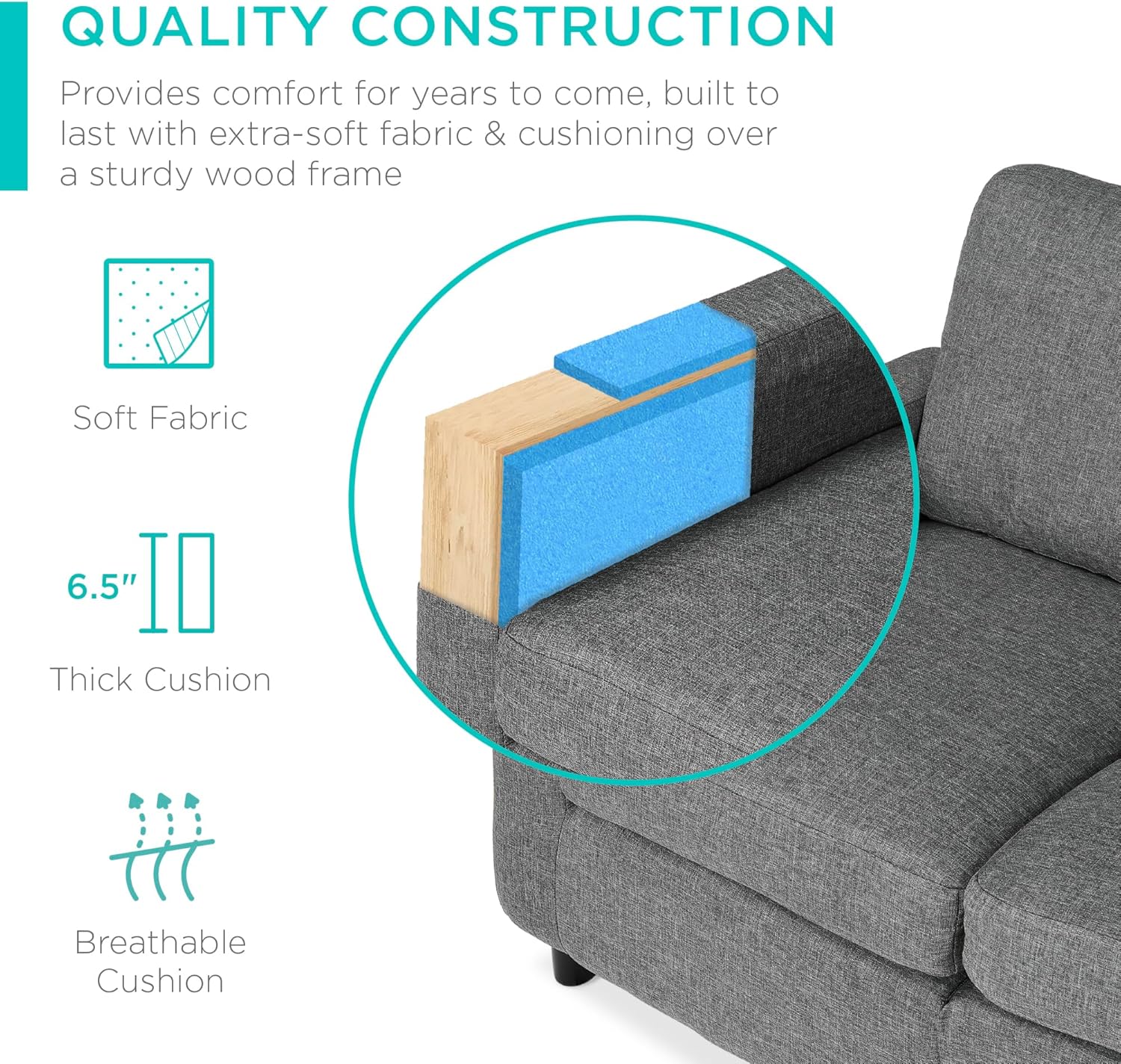 Best Choice Products Upholstered Sectional Sofa for Home, Apartment, Dorm, Bonus Room, Compact Spaces w/Chaise Lounge, 3-Seat, L-Shape Design, Reversible Ottoman Bench, 680lb Capacity - Light Gray