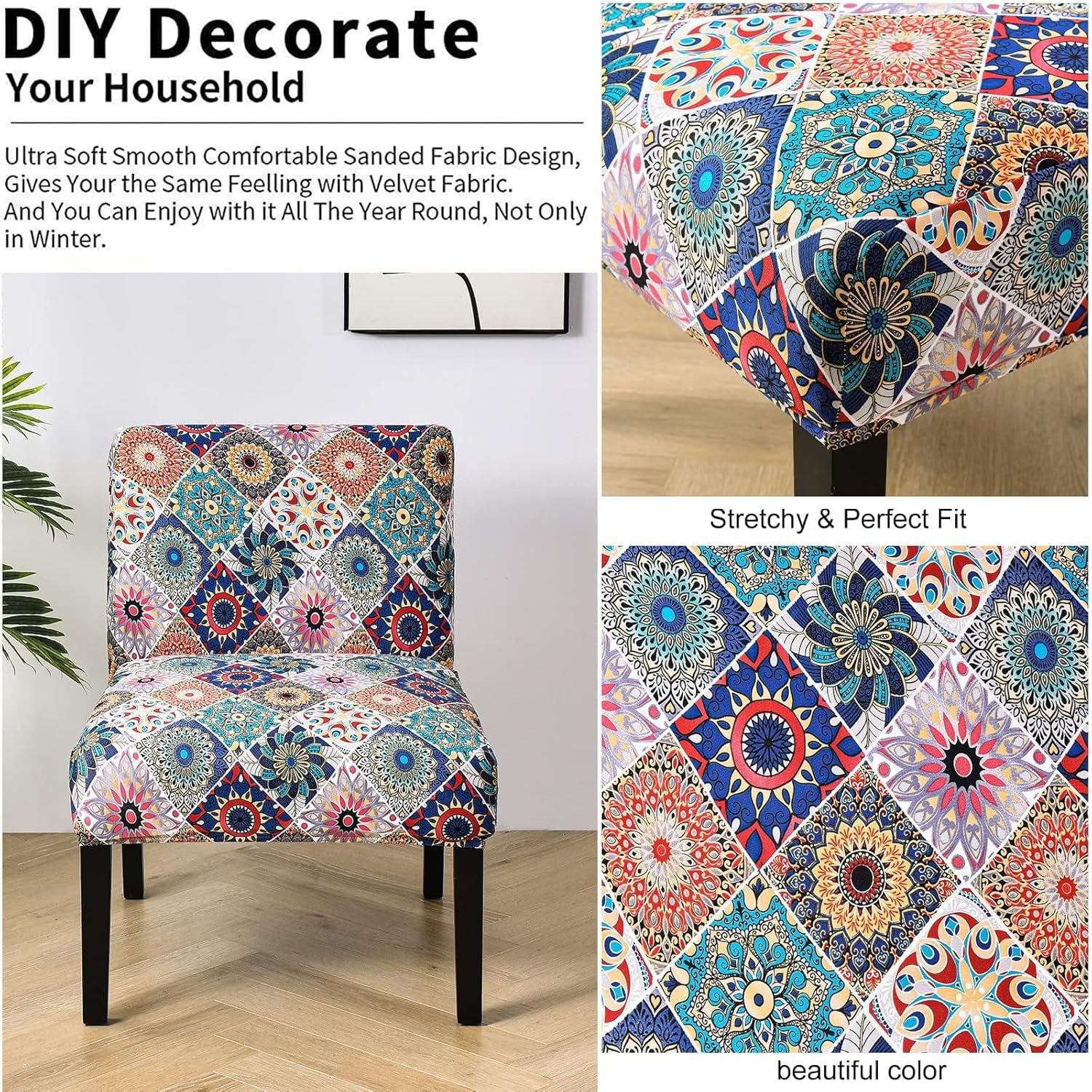 Eco-Ancheng Armless Chair Slipcover Removable Armless Accent Chairs Covers Washable Armless Slipper Chair Slipcover Printed Armless Chair Furniture Protector Covers for Living Dining Room Hotel