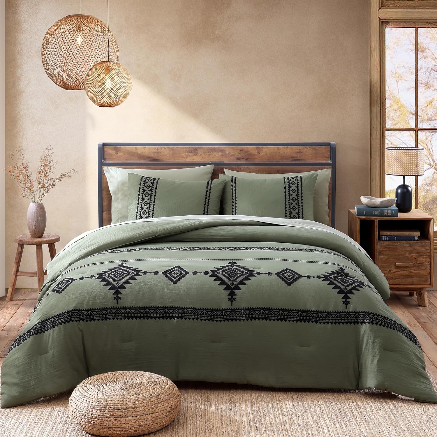 Olive Green Embroidery Comforters Set Queen Size