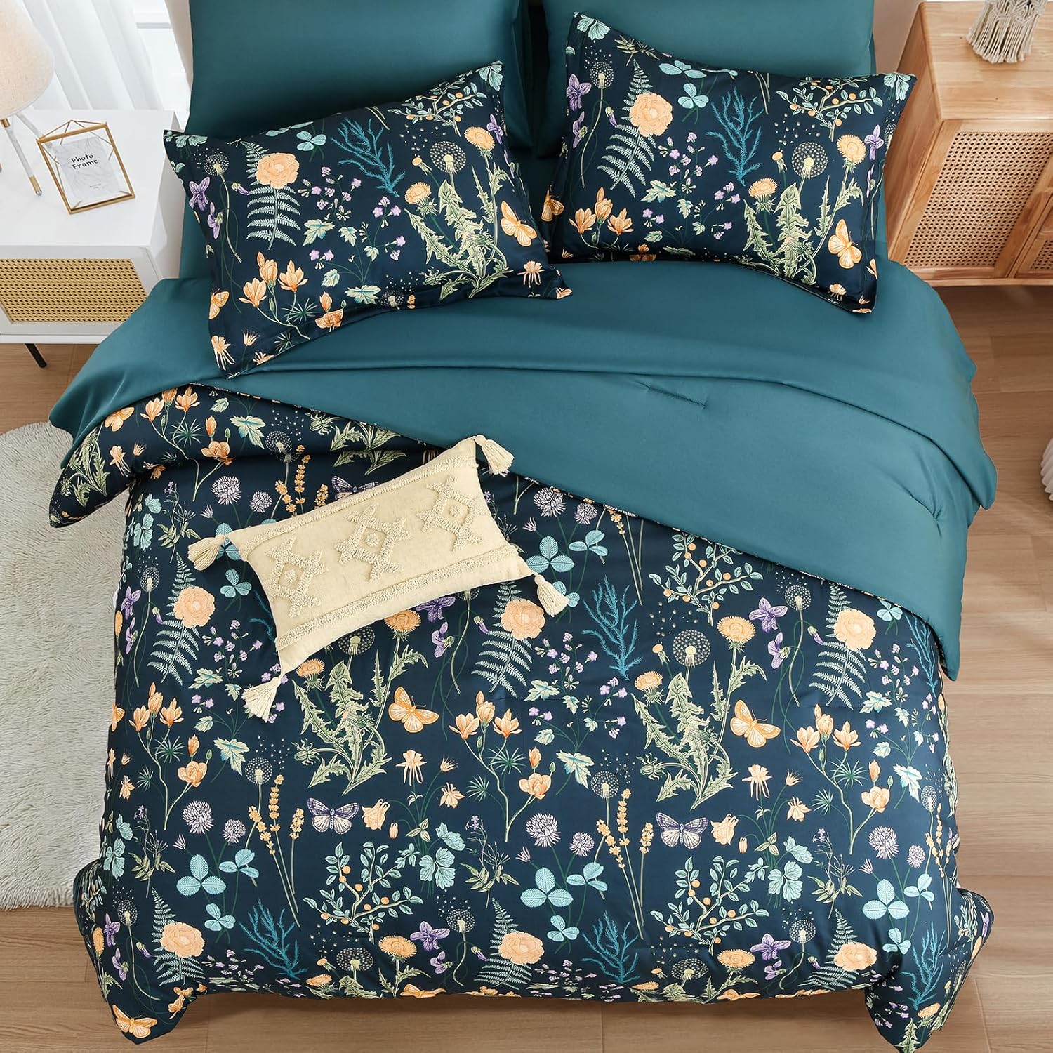 7 Piece Peacock Blue Floral Comforter Set King Size