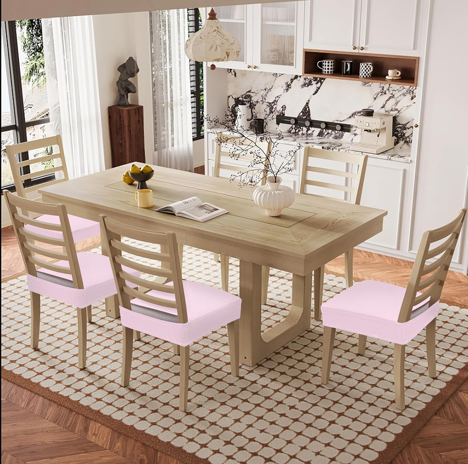 Smiry Waterproof Seat Covers for Dining Room Chairs Set of 4, Stretch Jacquard Removable Washable Chair Seat Slipcovers Protector, No Rear Covers, Beige