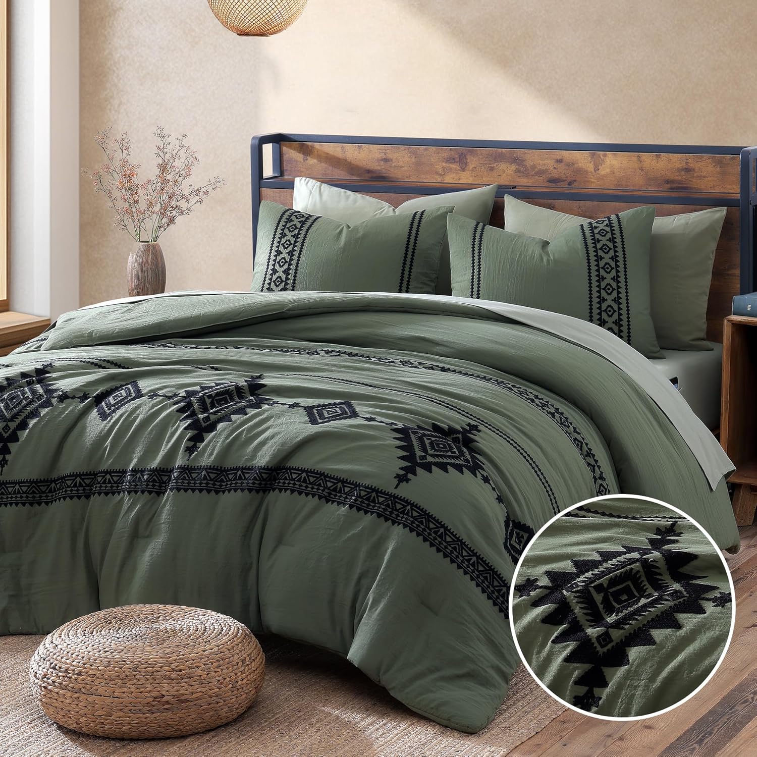 Olive Green Embroidery Comforters Set Queen Size
