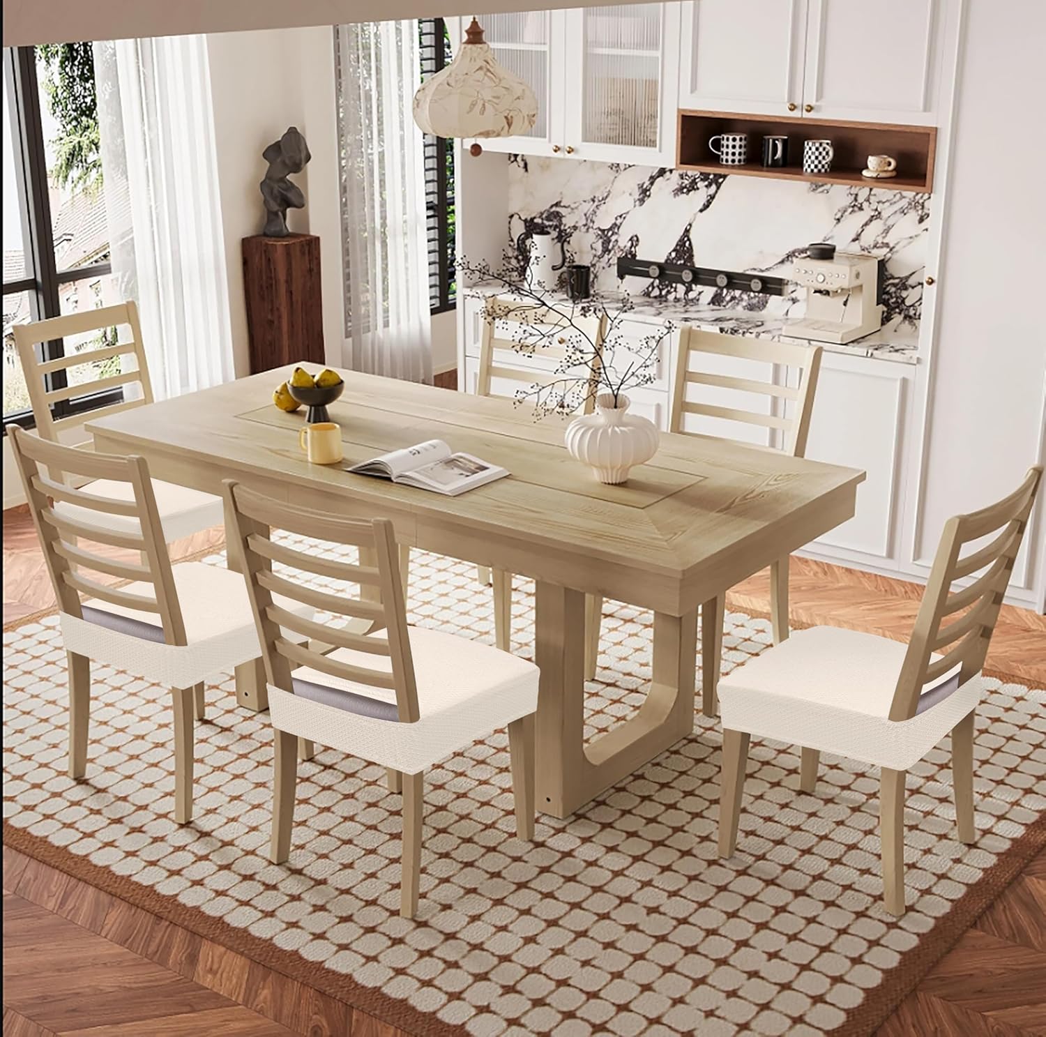 Smiry Waterproof Seat Covers for Dining Room Chairs Set of 4, Stretch Jacquard Removable Washable Chair Seat Slipcovers Protector, No Rear Covers, Beige