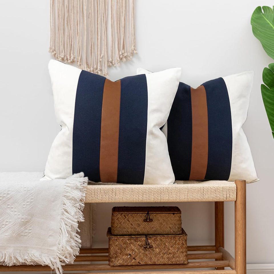 Farmhouse Rustic Pillow Covers 18x18 Cotton Boho Pillowcase, Modern Faux Leather Accent Cushion Cover for Living Room Sofa Bed Couch, Navy and White (Pack of 2,Cover ONLY)
