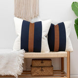 Farmhouse Rustic Pillow Covers 18x18 Cotton Boho Pillowcase, Modern Faux Leather Accent Cushion Cover for Living Room Sofa Bed Couch, Navy and White (Pack of 2,Cover ONLY)