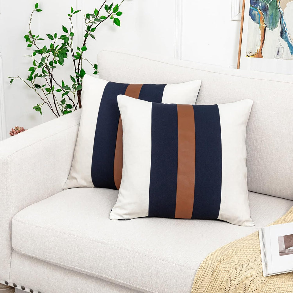 Farmhouse Rustic Pillow Covers 18x18 Cotton Boho Pillowcase, Modern Faux Leather Accent Cushion Cover for Living Room Sofa Bed Couch, Navy and White (Pack of 2,Cover ONLY)