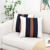 Farmhouse Rustic Pillow Covers 18x18 Cotton Boho Pillowcase, Modern Faux Leather Accent Cushion Cover for Living Room Sofa Bed Couch, Navy and White (Pack of 2,Cover ONLY)