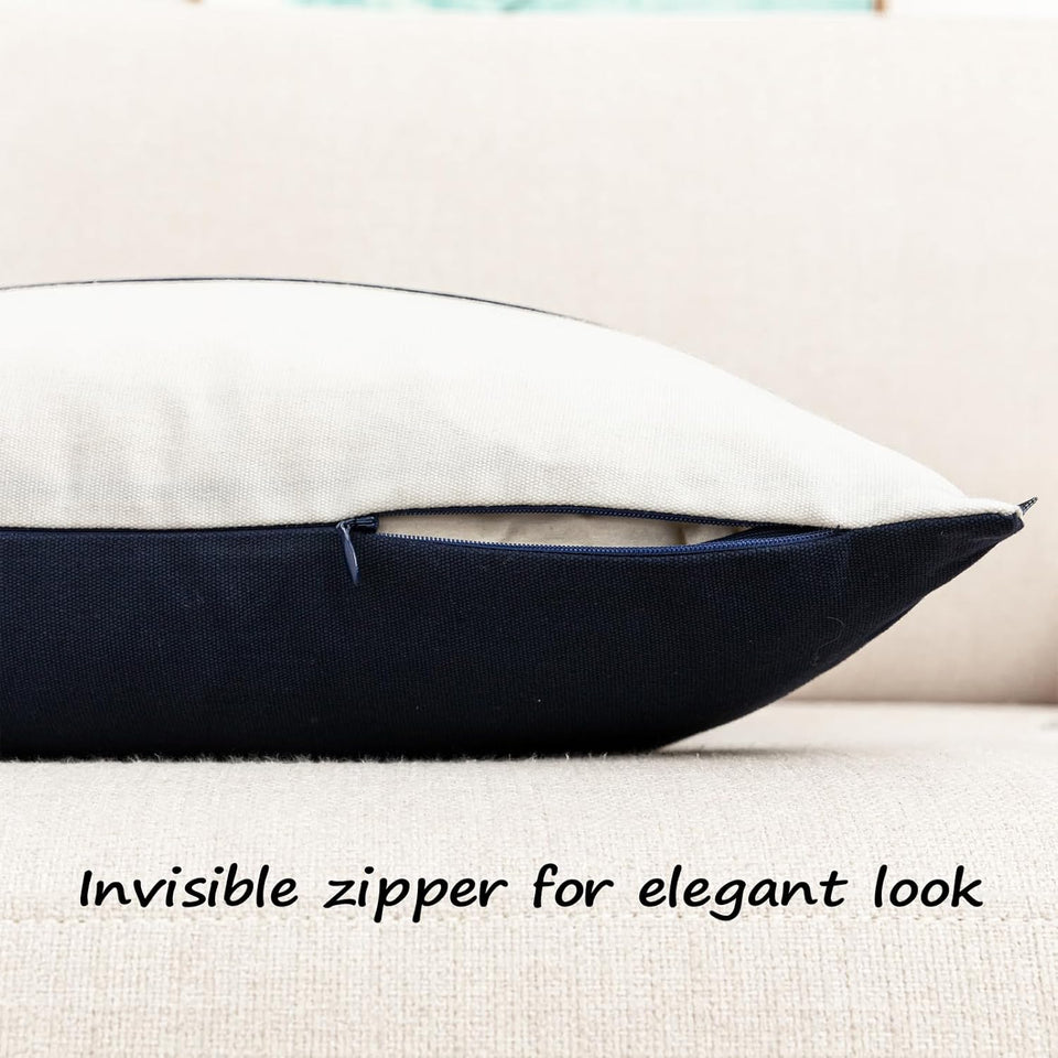 Farmhouse Rustic Pillow Covers 18x18 Cotton Boho Pillowcase, Modern Faux Leather Accent Cushion Cover for Living Room Sofa Bed Couch, Navy and White (Pack of 2,Cover ONLY)