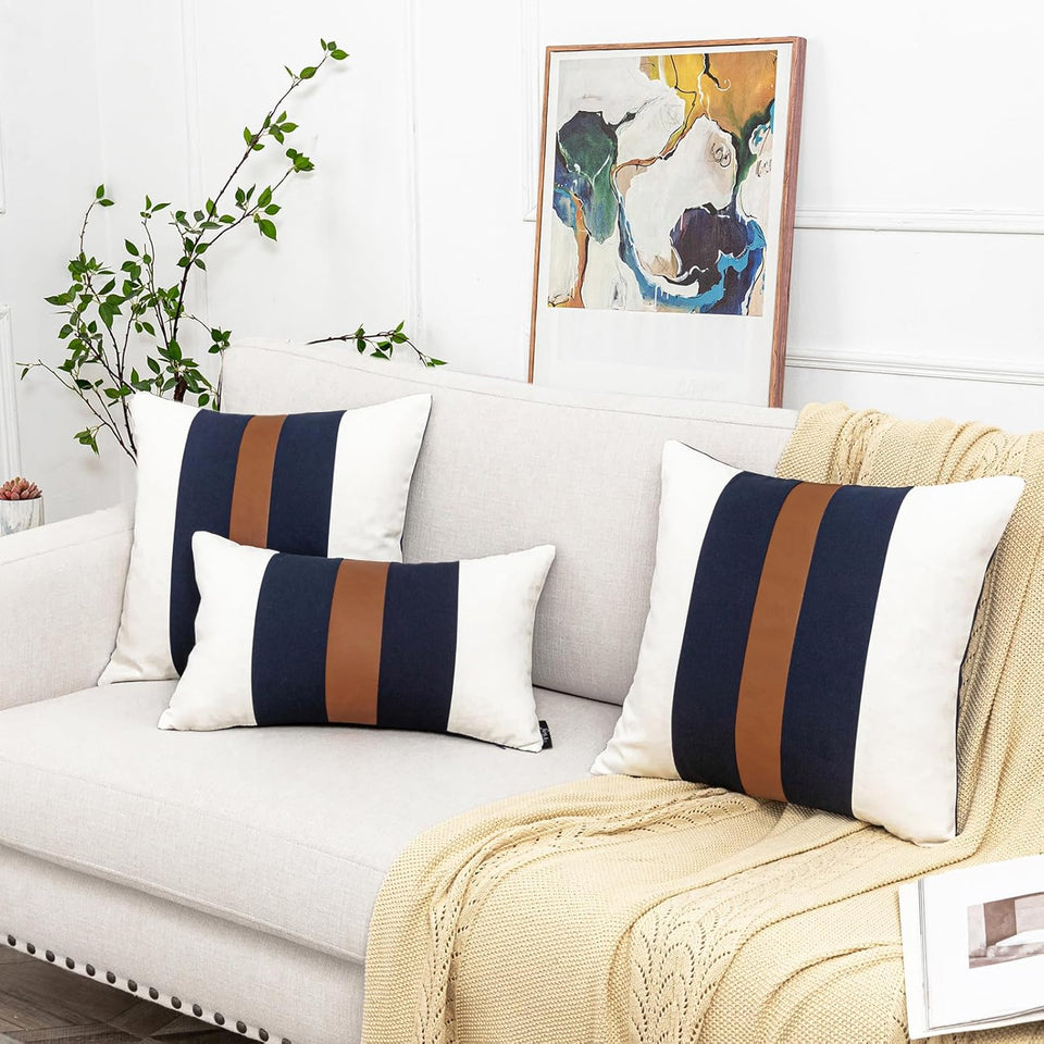 Farmhouse Rustic Pillow Covers 18x18 Cotton Boho Pillowcase, Modern Faux Leather Accent Cushion Cover for Living Room Sofa Bed Couch, Navy and White (Pack of 2,Cover ONLY)