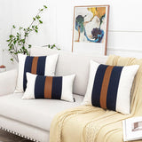 Farmhouse Rustic Pillow Covers 18x18 Cotton Boho Pillowcase, Modern Faux Leather Accent Cushion Cover for Living Room Sofa Bed Couch, Navy and White (Pack of 2,Cover ONLY)