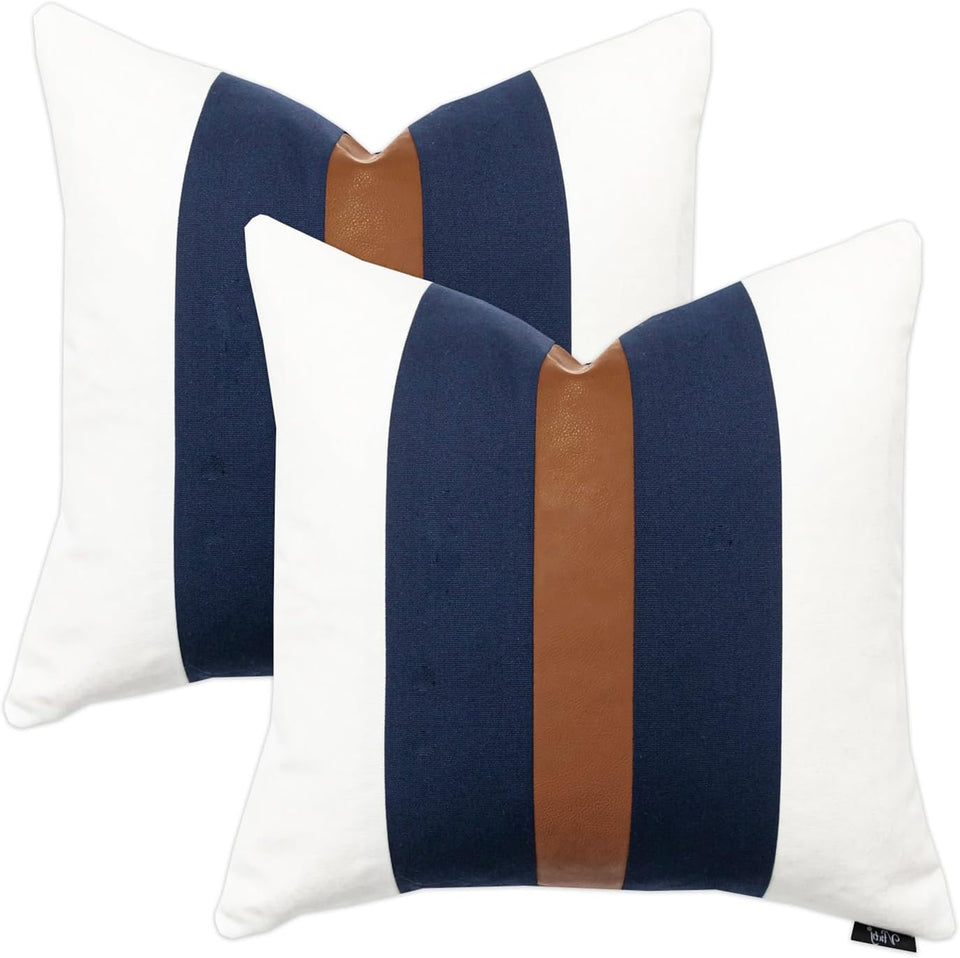 Farmhouse Rustic Pillow Covers 18x18 Cotton Boho Pillowcase, Modern Faux Leather Accent Cushion Cover for Living Room Sofa Bed Couch, Navy and White (Pack of 2,Cover ONLY)